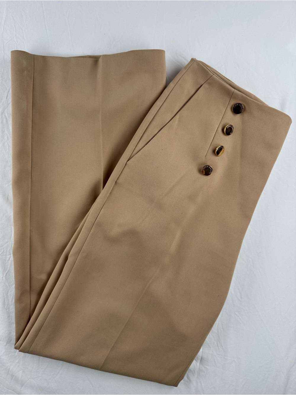 Vince Camuto Tan High-Waist Tailored Trousers with Gold Buttons - Picture 4 of 7